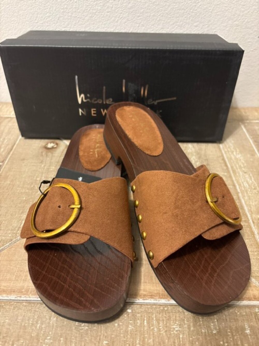 NEW Nicole Miller Dazie Platform Slide Sandals Chestnut